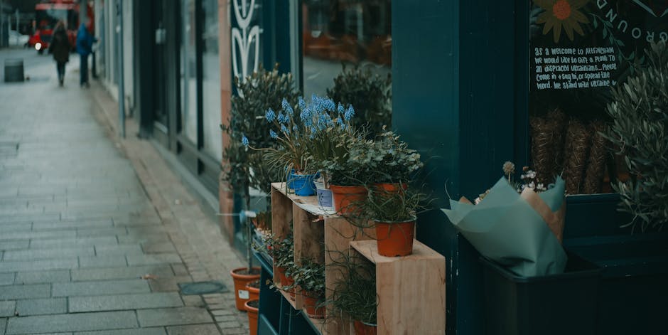 A display of potted flowers outside a shop on Brondesbury Road, featuring a variety of plants including blue hyacinths in a blue pot, and other greenery in small terracotta and plastic pots. The flowe