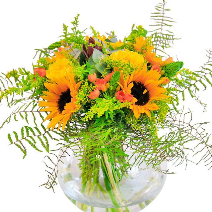 An enthusiastic ode to Brondesbury's sunny heart, this abundant bouquet radiates from a clear, fishbowl-shaped glass vase. Sunflowers, bold and inviting, display bright yellow and orange petals around rich brown centres, evoking memories of warm days along Kilburn's tree-lined avenues. Interwoven with elegant yellow garden roses-each bloom a whirl of petals unfurling in plush spirals-this arrangement is both classic and invigorating. Bright red Hypericum berries are carefully scattered throughout, providing joyful bursts of colour that catch the light like ruby fruits at the corner markets. Delicate feathery ferns flow outwards, giving depth and softness inspired by local green spaces, while light green filler such as solidago grants a lively touch of countryside, echoing the open fields just beyond the city. Cool eucalyptus leaves introduce refreshing blue-green notes, lending balance and subtle perfume to the ensemble. The vase reveals every fresh green stem in a pool of clear water, highlighting the bouquet's organic structure. To the touch, you'd distinguish the velvety sunflower petals, the crisp green leaves, and the plush, rolled centres of the roses. This Brondesbury-crafted design makes an exceptional choice for birthdays, housewarmings, or to simply brighten any room-bringing a taste of the neighbourhood's joy and warmth to your doorstep.