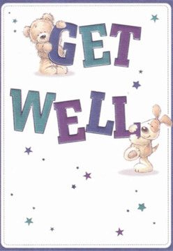 This whimsical get well card, inspired by the gentle community spirit of Brondesbury, delights with its affectionate depiction of a teddy bear clinging to the word 'GET' and a playful puppy nestled around the bold 'WELL.' The companions, illustrated in soft, rounded forms and expressive faces, are surrounded by scattering stars that offer magical, hopeful energy. Deep tones of purple and teal enliven the text against a crisp white canvas, echoing the rich hues seen in a Brondesbury florist's window display. The composition is both playful and intentional, communicating warmth that recalls the nurturing feel of nearby Kilburn Grange Park. Every illustrated texture, from the bear's fluffy coat to the puppy's velvety ears, speaks to the kind of care Brondesbury Flowers brings to every creation-tactile, comforting, and expertly arranged. This card is more than illustration; it is a visual act of kindness, ideal for lifting the mood and supporting recovery with local charm and heartfelt thoughtfulness.